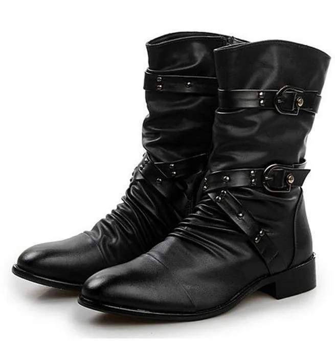 Men's Buckle Straps Ruched Faux Leather Biker Ankle Boots Pointed Toe Boots