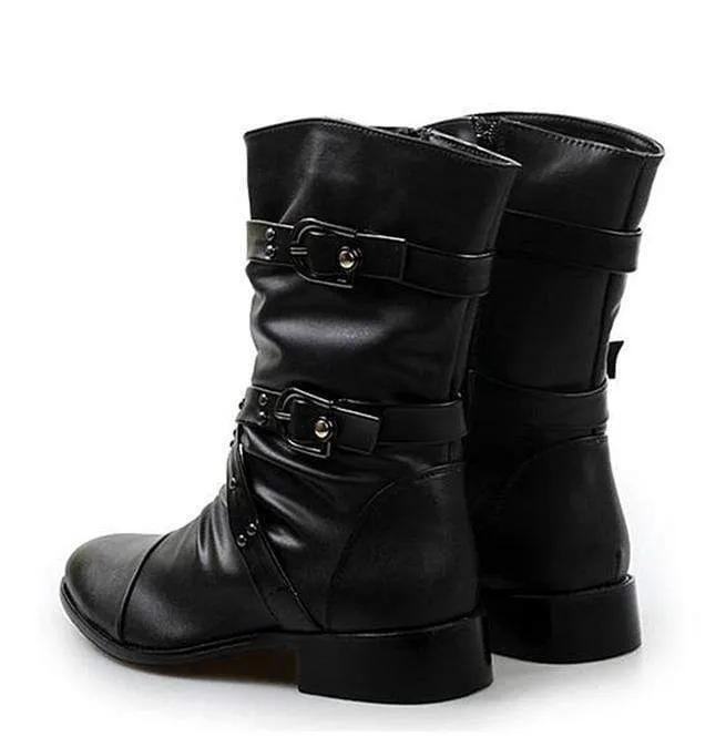 Men's Buckle Straps Ruched Faux Leather Biker Ankle Boots Pointed Toe Boots