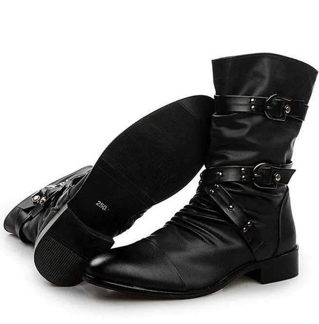 Men's Buckle Straps Ruched Faux Leather Biker Ankle Boots Pointed Toe Boots