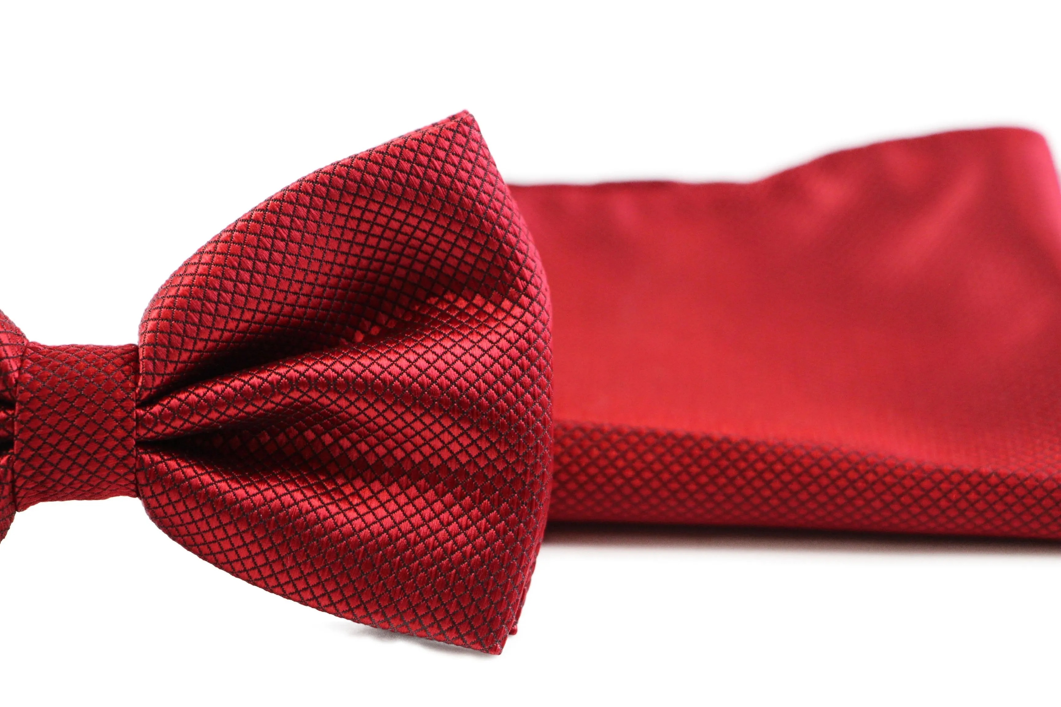 Mens Dark Red Plain Coloured Checkered Bow Tie & Matching Pocket Square Set