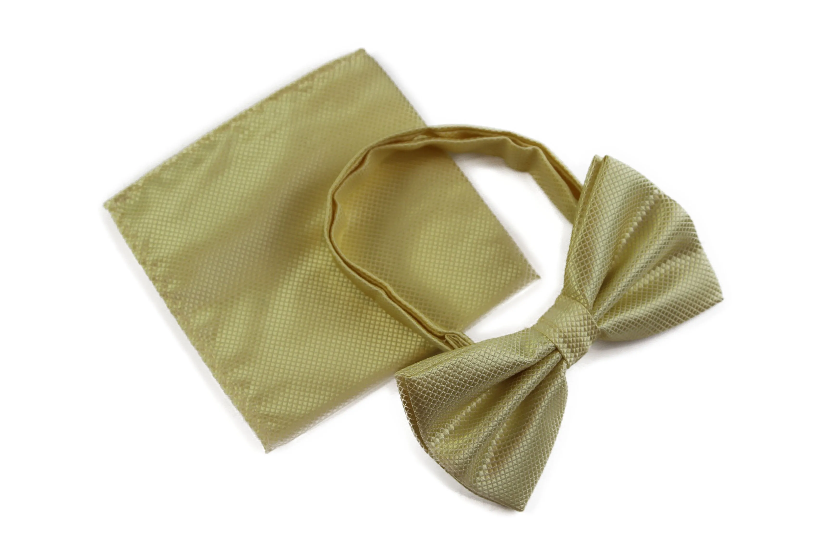 Mens Honey Yellow Plain Coloured Checkered Bow Tie & Matching Pocket Square Set