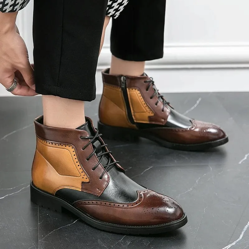 Men's Luxury Leather Ankle Boots | British Style Mixed Color Brogue Designer Business Boots