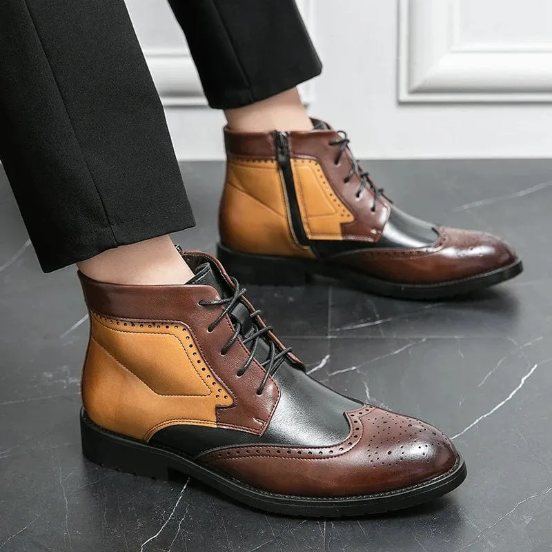 Men's Luxury Leather Ankle Boots | British Style Mixed Color Brogue Designer Business Boots