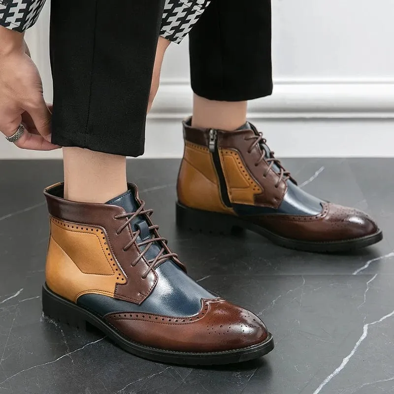 Men's Luxury Leather Ankle Boots | British Style Mixed Color Brogue Designer Business Boots