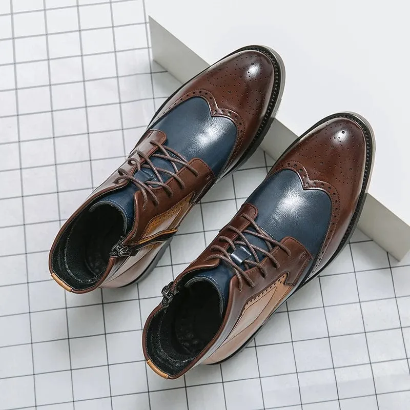 Men's Luxury Leather Ankle Boots | British Style Mixed Color Brogue Designer Business Boots