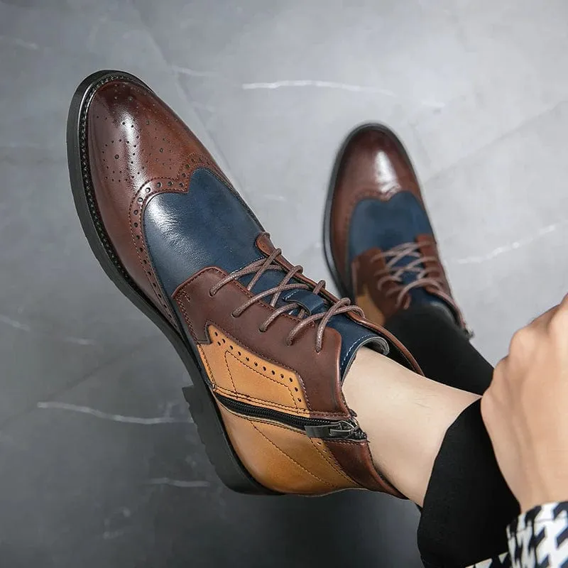 Men's Luxury Leather Ankle Boots | British Style Mixed Color Brogue Designer Business Boots