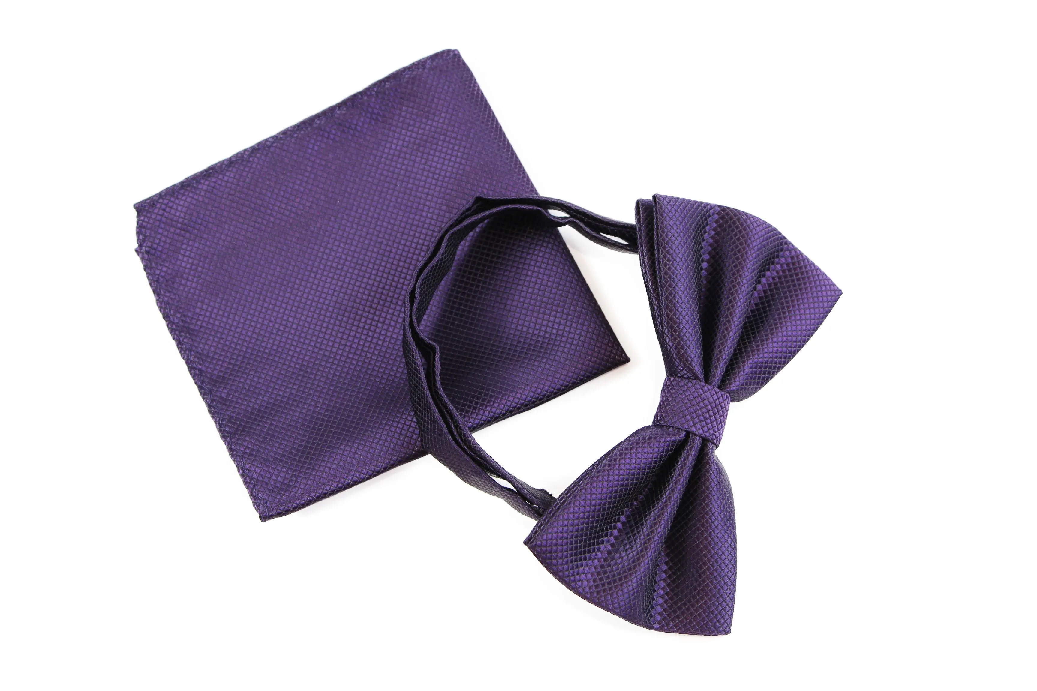 Mens Midnight Purple Plain Coloured Checkered Bow Tie & Matching Pocket Square Set