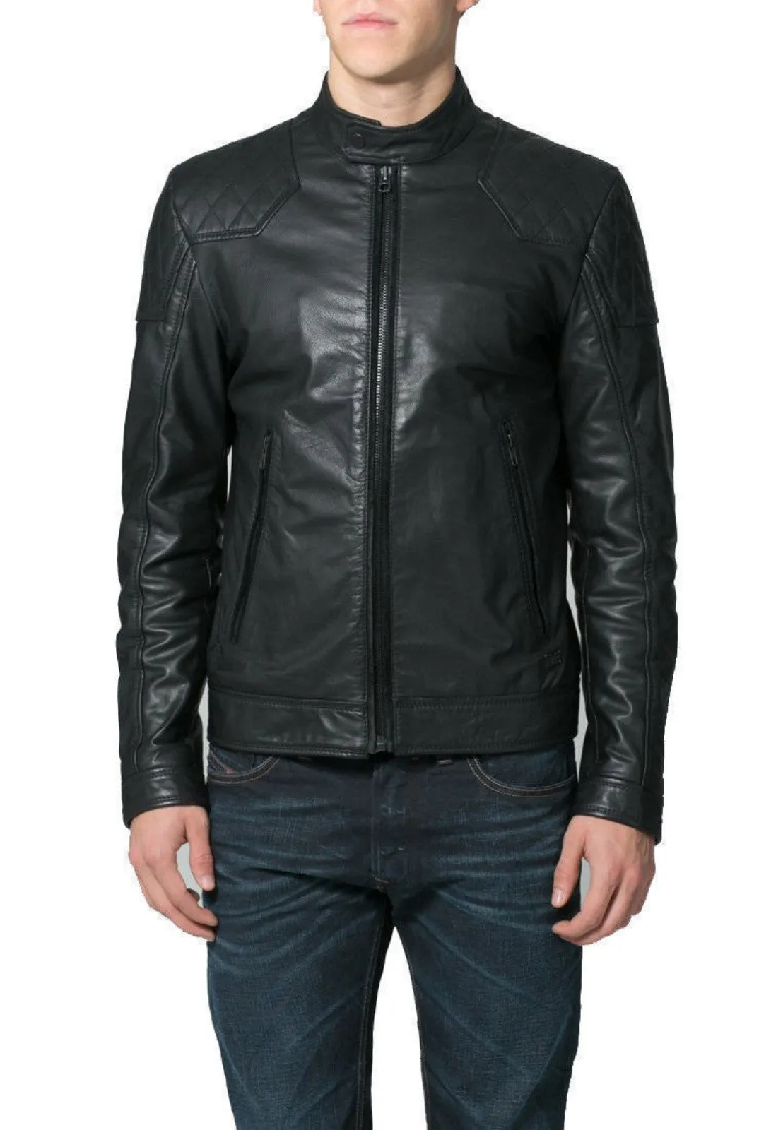 Men's Quilted Shoulders Leather Motorcycle Jacket MJ047