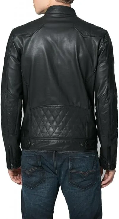 Men's Quilted Shoulders Leather Motorcycle Jacket MJ047