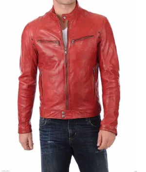 Men's Red Leather Motorcycle Jacket MJ038