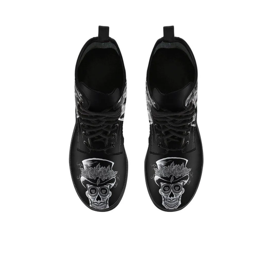 Men's Sugar Skull Day Of The Dead Edgy Punk Boots, Vegan-Friendly Leather, Black