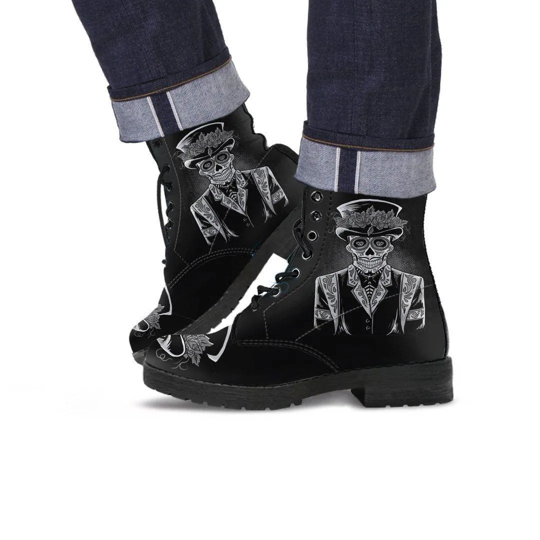 Men's Sugar Skull Day Of The Dead Edgy Punk Boots, Vegan-Friendly Leather, Black