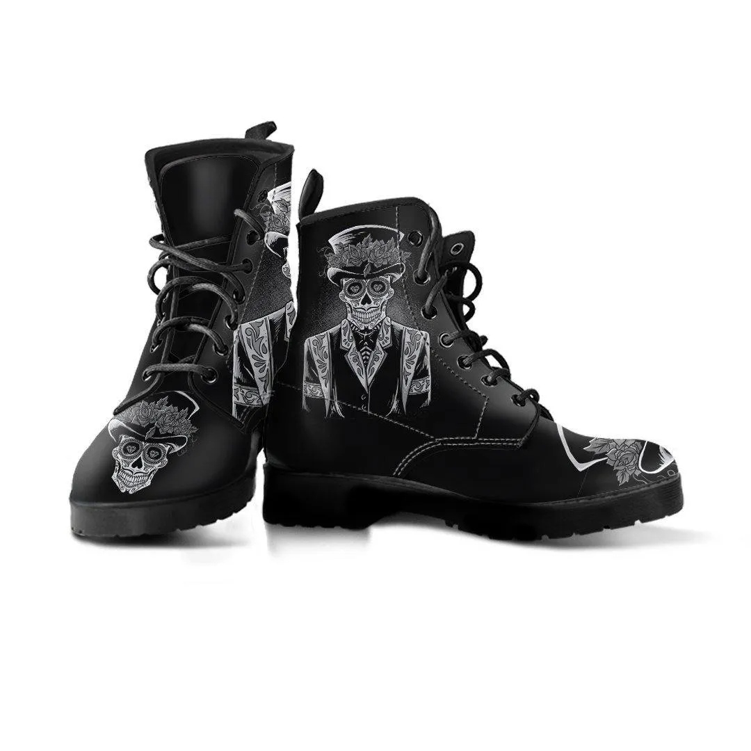 Men's Sugar Skull Day Of The Dead Edgy Punk Boots, Vegan-Friendly Leather, Black