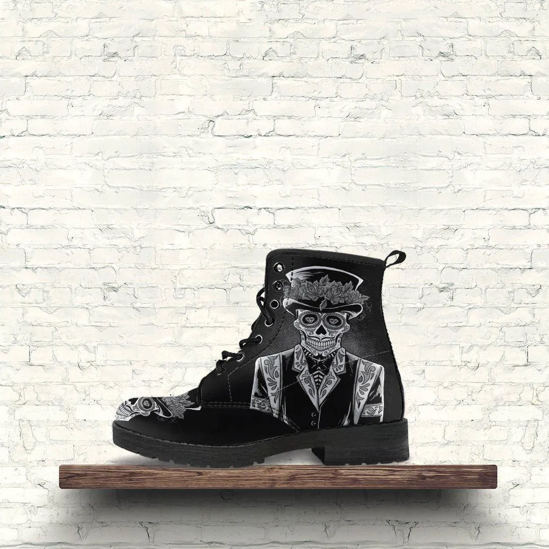 Men's Sugar Skull Day Of The Dead Edgy Punk Boots, Vegan-Friendly Leather, Black