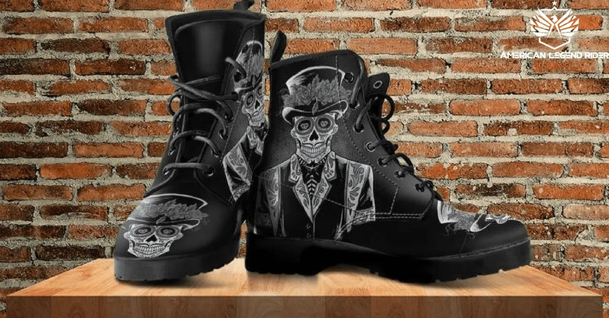 Men's Sugar Skull Day Of The Dead Edgy Punk Boots, Vegan-Friendly Leather, Black