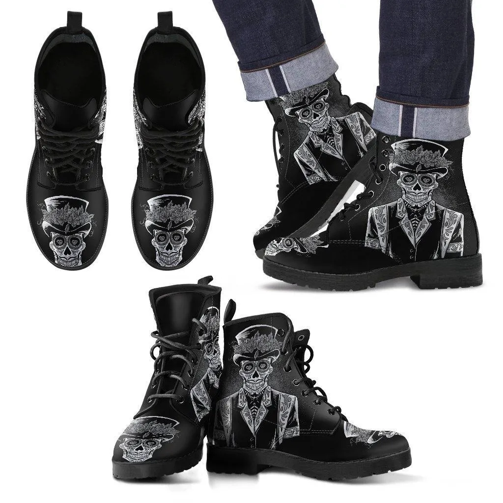 Men's Sugar Skull Day Of The Dead Edgy Punk Boots, Vegan-Friendly Leather, Black