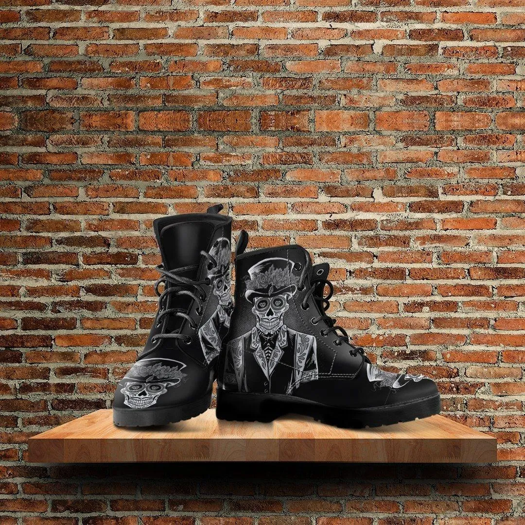 Men's Sugar Skull Day Of The Dead Edgy Punk Boots, Vegan-Friendly Leather, Black