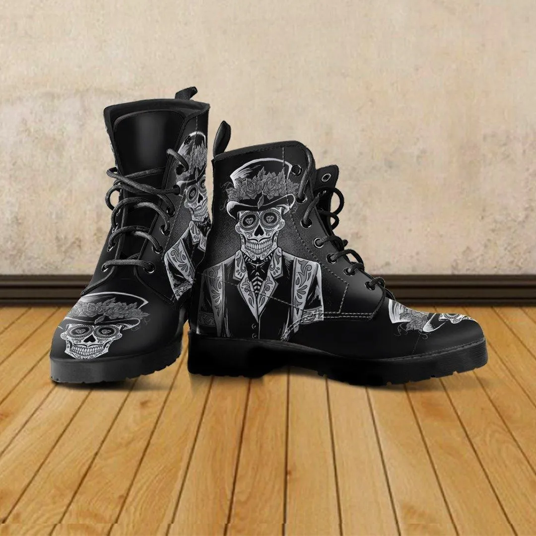 Men's Sugar Skull Day Of The Dead Edgy Punk Boots, Vegan-Friendly Leather, Black