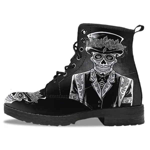 Men's Sugar Skull Day Of The Dead Edgy Punk Boots, Vegan-Friendly Leather, Black