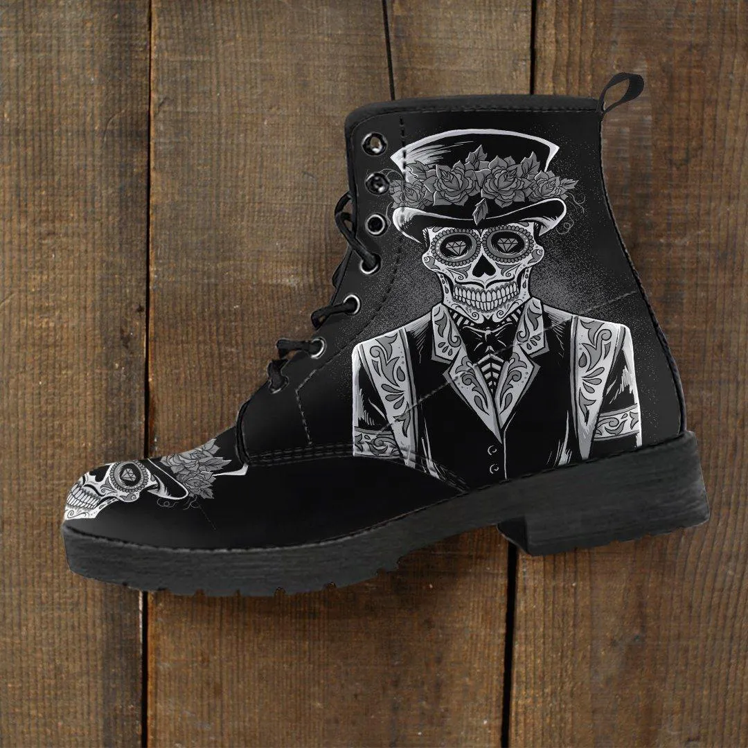 Men's Sugar Skull Day Of The Dead Edgy Punk Boots, Vegan-Friendly Leather, Black