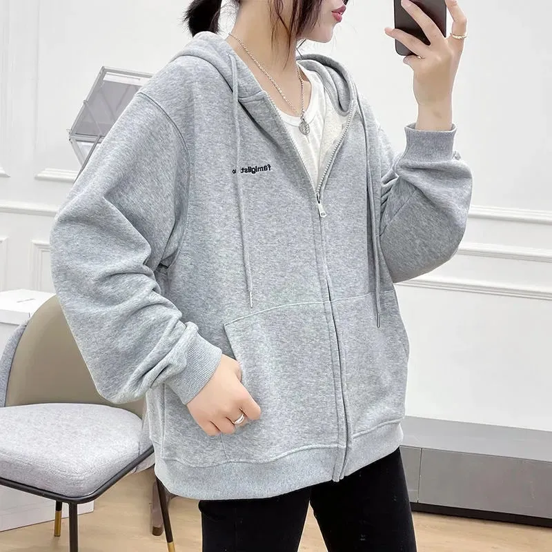 METAVERSMALL 6535 cotton embroidered letter hooded sweater women's New spring and autumn new simple student loose cardigan zipper jacket