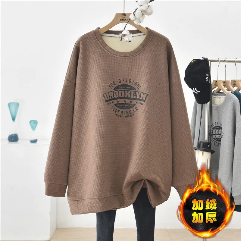 METAVERSMALL Autumn and winter new long-sleeved waffle sweater women's loose fat mm100kg plus size thin casual versatile top