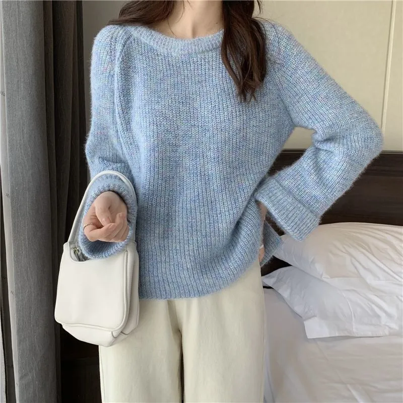 METAVERSMALL Korean casual style gentle pullover knitted sweater New autumn and winter loose round neck bottoming top knitted sweater