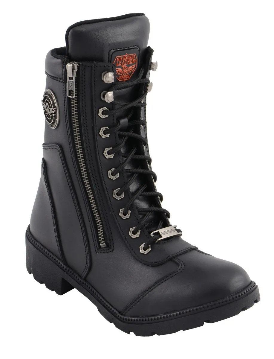 Milwaukee Leather MBL9301 Women's Black Lace-Up Motorcycle Biker Riding Boots with Side Zipper Entry