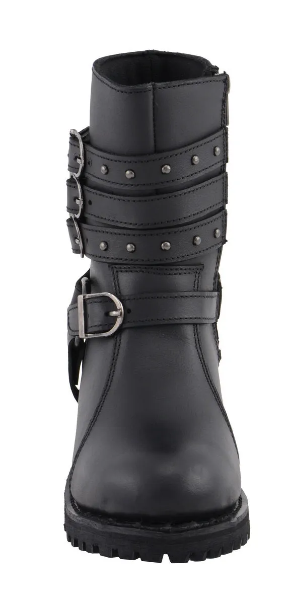 Milwaukee Leather MBL9399 Women's 9-Inch Triple Buckle Black Leather Harness Biker Boots w/ Side Zipper Entry