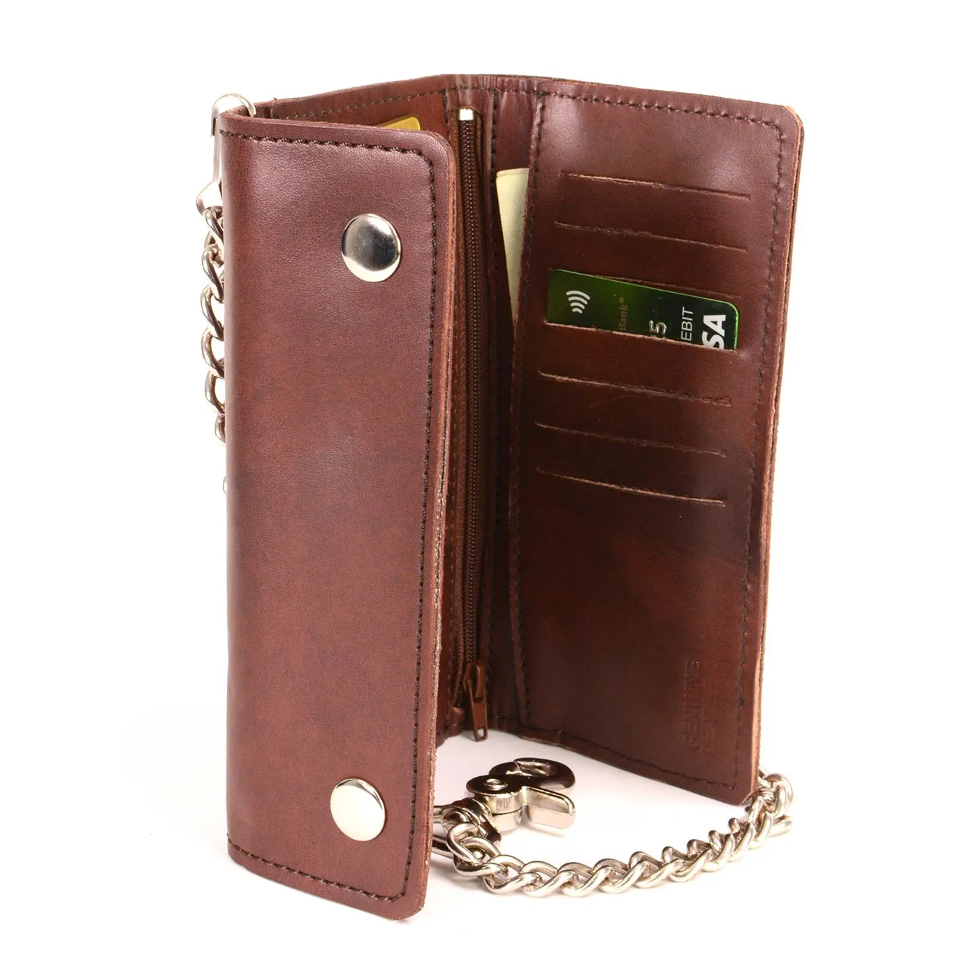 Milwaukee Leather Men's 7-Inch Antique Brown Leather Tri-Fold Biker Wallet w/ Swivel Trigger Clip & Chain MLW7888