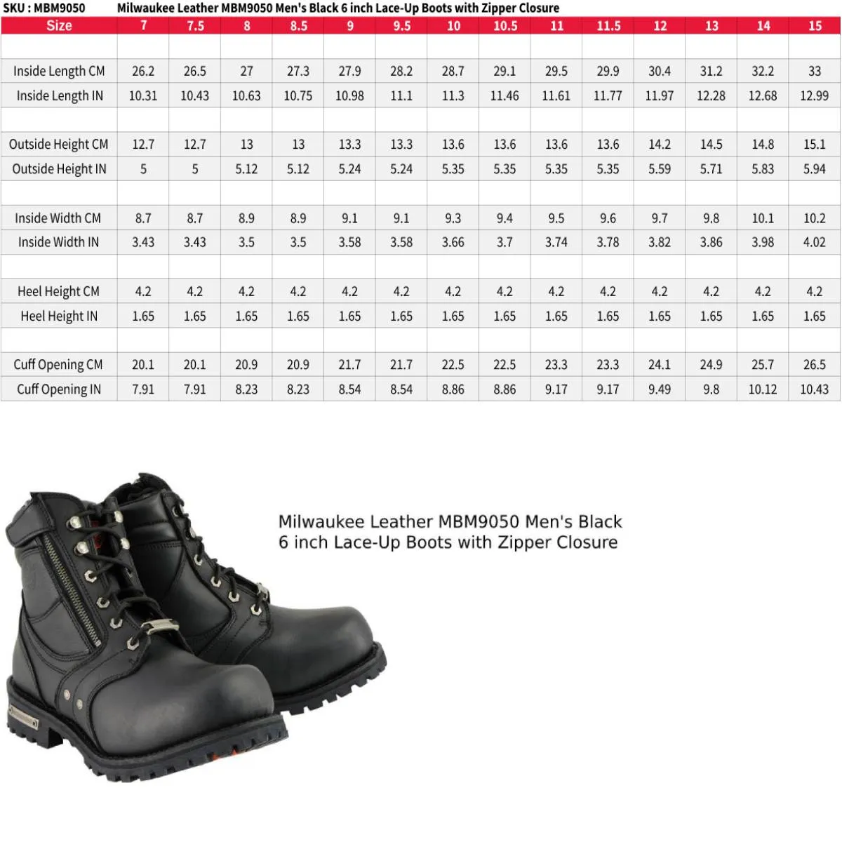 Milwaukee Leather Men's Black Leather 6-inch Lace-Up Motorcycle Biker Rider Boots w/ Zipper Closure MBM9050