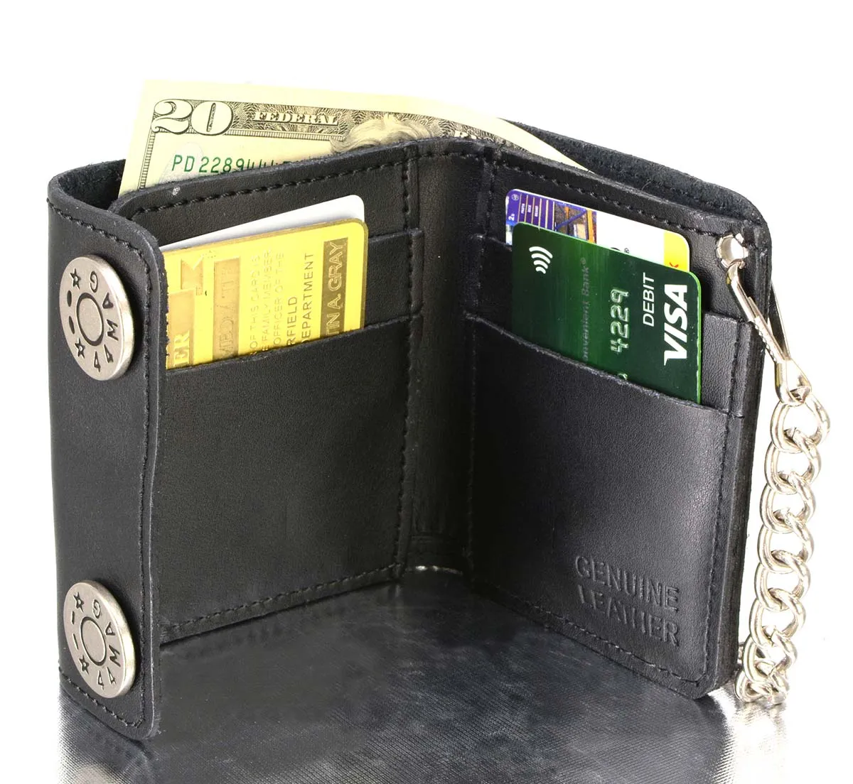 Milwaukee Leather MLW7822 Men's 4.25” Leather Bi-Fold Biker Wallet w/ Anti-Theft Stainless Steel Chain and Buffalo Nickel Snaps