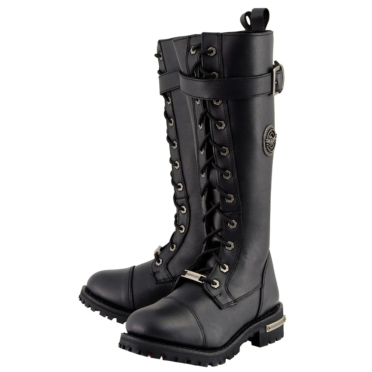 Milwaukee Leather Women's Black 14-inch Lace-Up High-Rise Leather Biker Rider Boots with Calf Buckle MBL9355