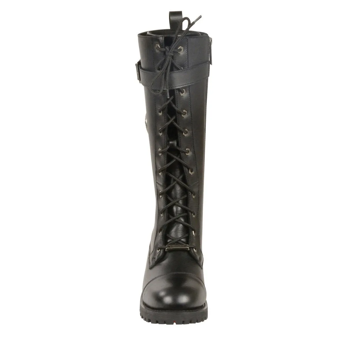 Milwaukee Leather Women's Wide-Width Black 14-inch Lace-Up High-Rise Leather Biker Rider Boots with Calf Buckle MBL9355W