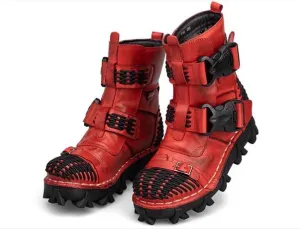 Motorcycle Biker Rock Punk Gothic Style Boots FWMB008A Cowhide Leather Red Size 38-50