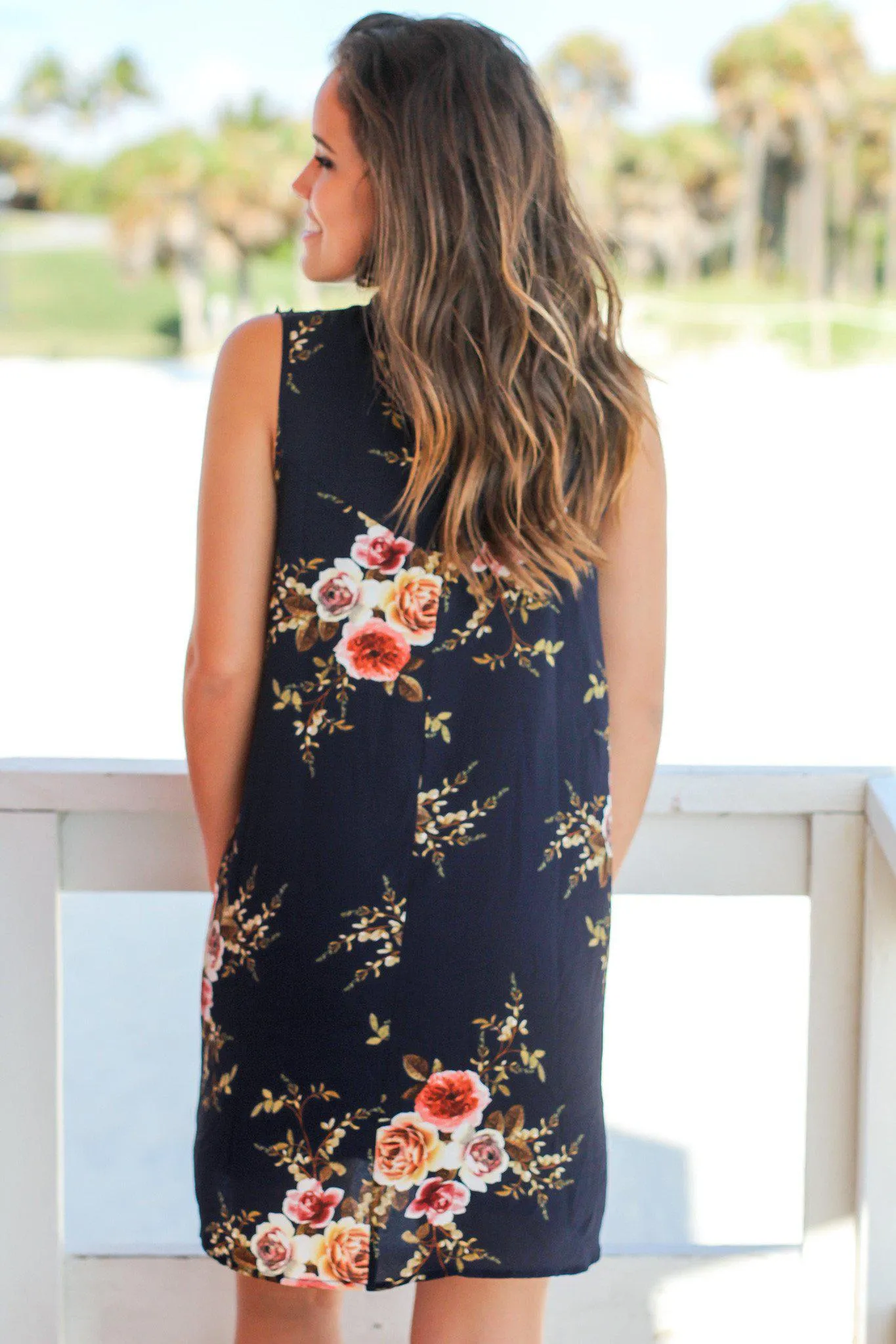 Navy Floral Crochet Short Dress