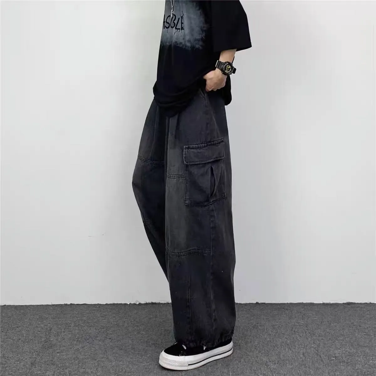 New Fashion Brand Japanese Style Wide Leg Large Pocket Overalls Men's Summer Ins Neutral Loose Straight Casual Jeans