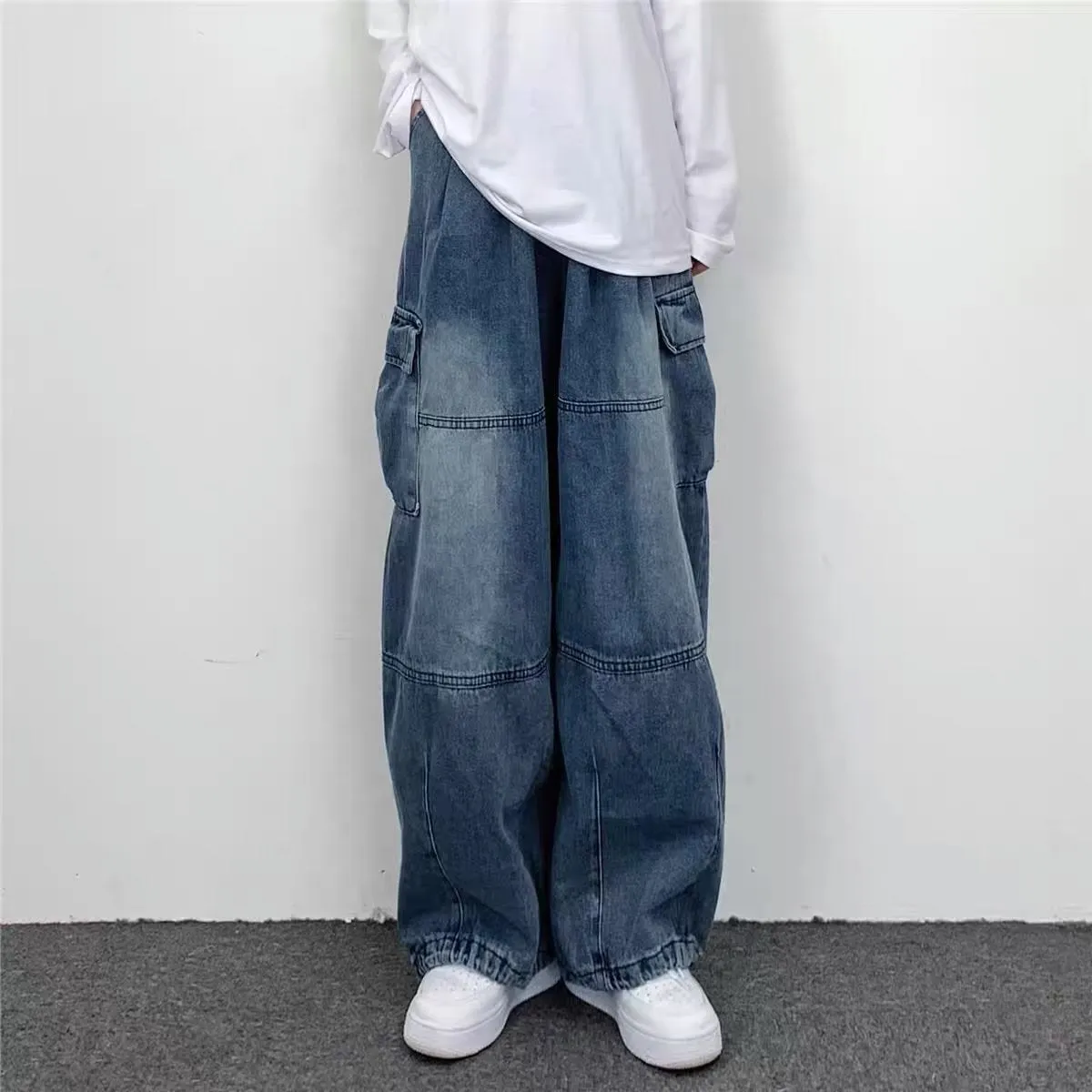 New Fashion Brand Japanese Style Wide Leg Large Pocket Overalls Men's Summer Ins Neutral Loose Straight Casual Jeans