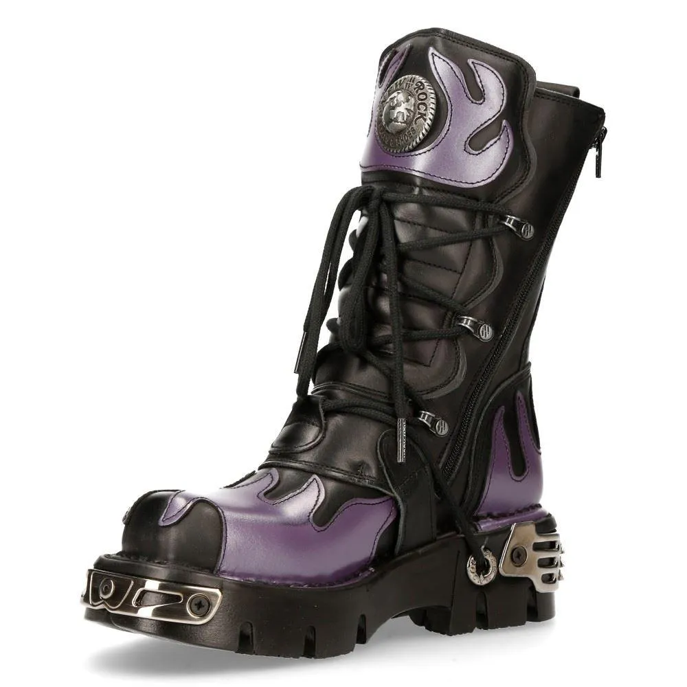 New Rock M-591-s5 Purple Flame Punk Boots Black Leather Gothic Heavy Biker