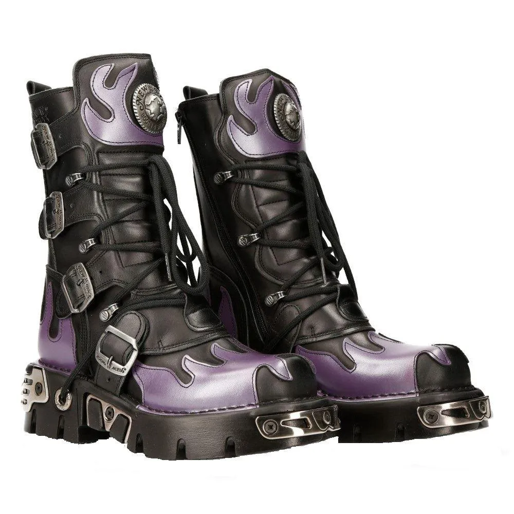 New Rock M-591-s5 Purple Flame Punk Boots Black Leather Gothic Heavy Biker