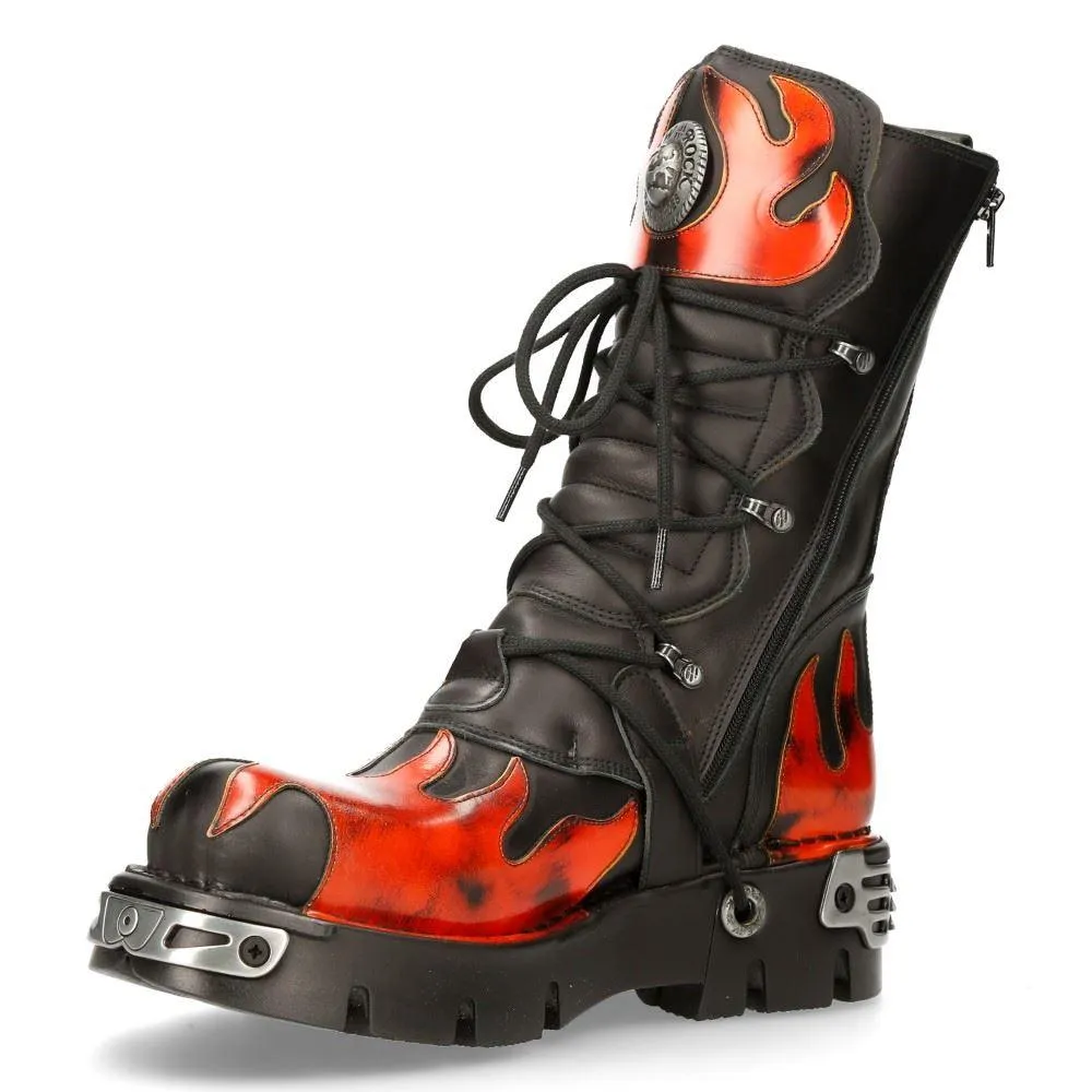 New Rock New Rock 591-s1 Red Flame Metallic Black Leather Boot Biker Goth Boots