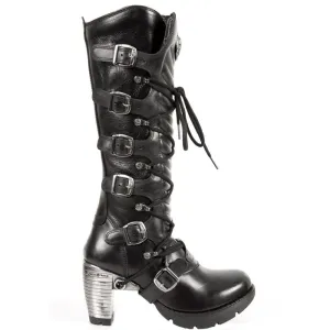 New Rock TR004-S1 Ladies Black 100% Leather Buckle Lace Knee High Biker Boots