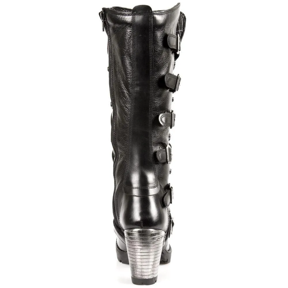 New Rock TR004-S1 Ladies Black 100% Leather Buckle Lace Knee High Biker Boots