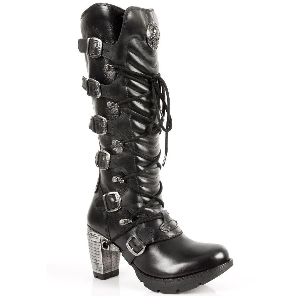 New Rock TR004-S1 Ladies Black 100% Leather Buckle Lace Knee High Biker Boots