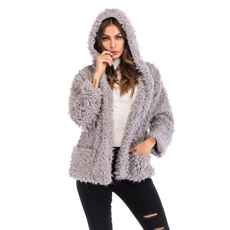 PEOPLETERRITORY   trade furry hooded jacket women's New autumn and winter new fashion long-sleeved loose thickened warm coat