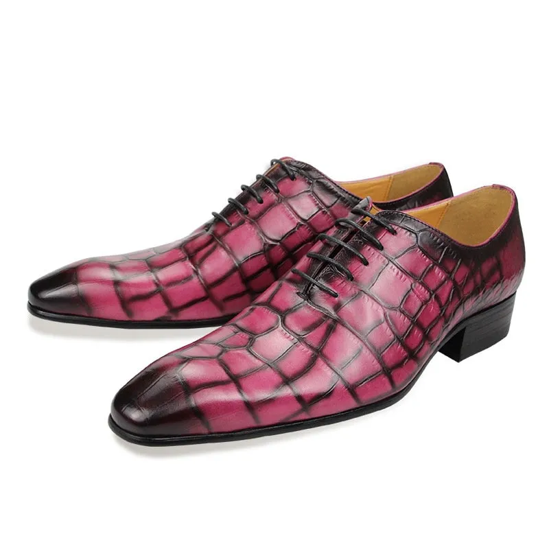 Pink And Yellow Crocodile Skin Leather Derby Shoes