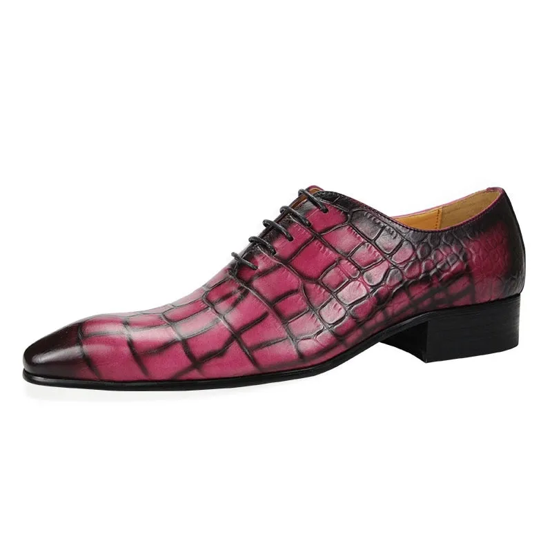 Pink And Yellow Crocodile Skin Leather Derby Shoes