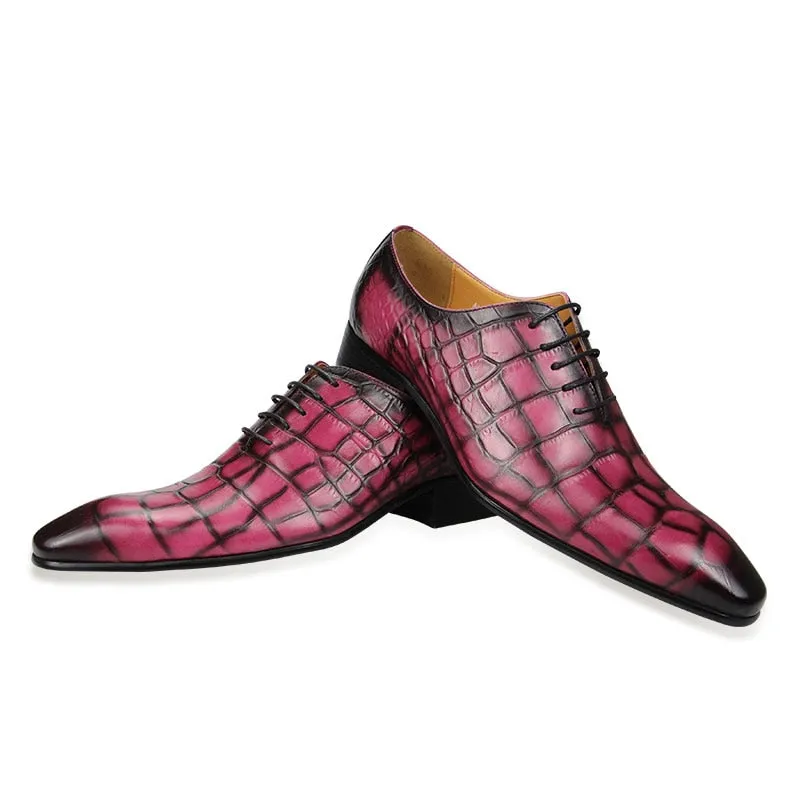 Pink And Yellow Crocodile Skin Leather Derby Shoes