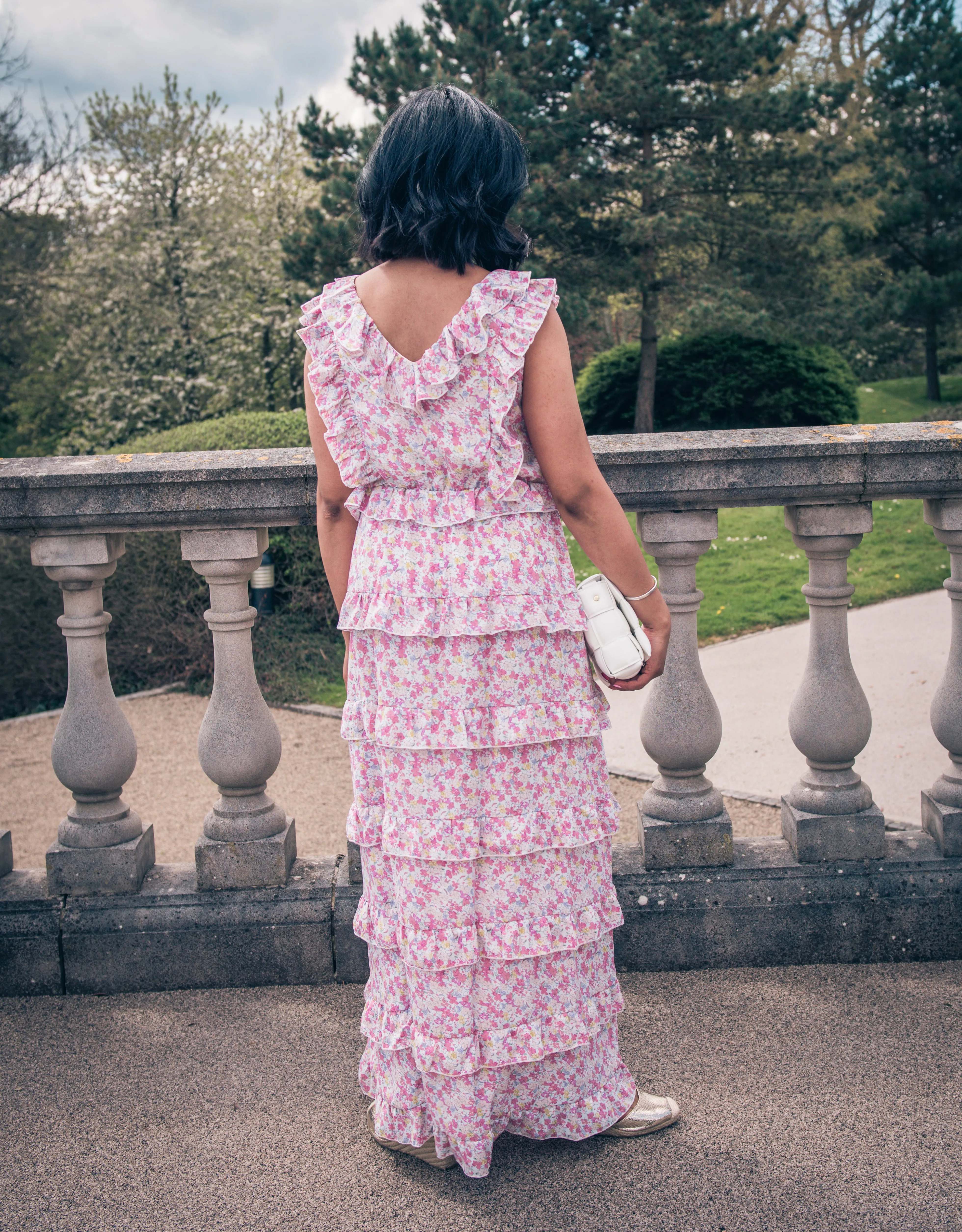 Pink Floral Print Tiered Maxi Dress