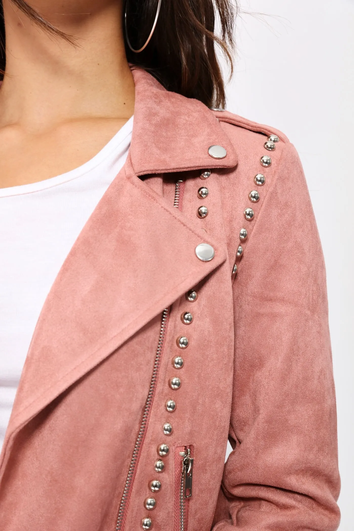 Pink Studded Suede Biker Jacket